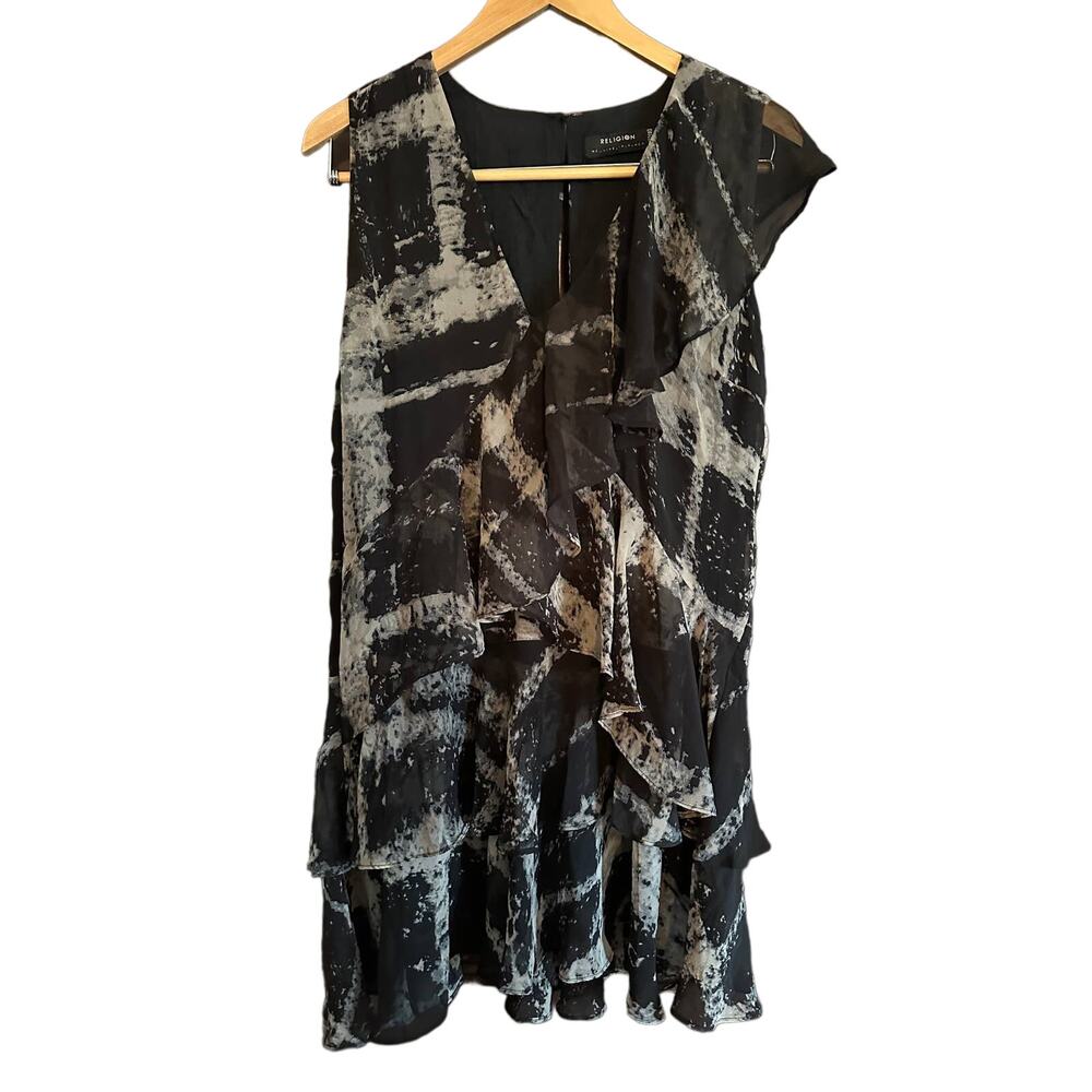 RELIGION LONDON | Black Tie Dye Ruffle V Neck Dress | UK Size Medium / 12  / 40